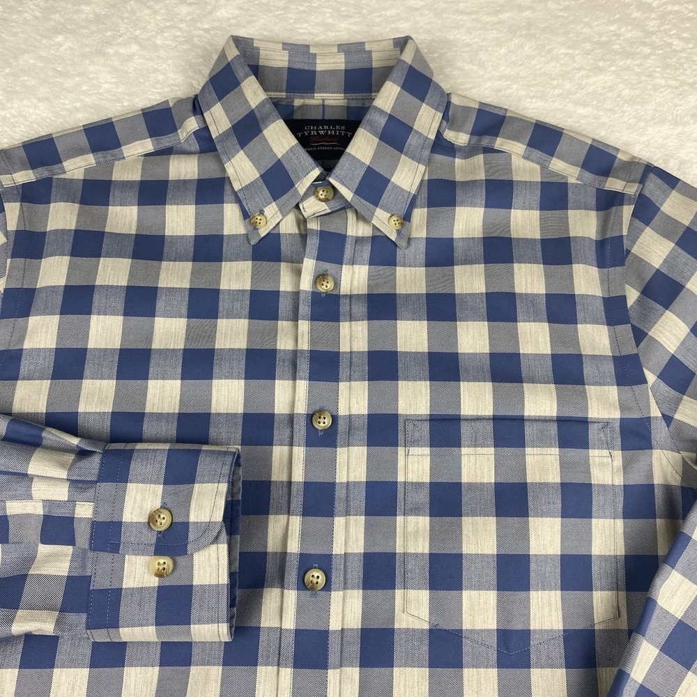 Charles Tyrwhitt "Weekend" Shirt Mens Small Blue/Gray Checks Slim Fit No Iron